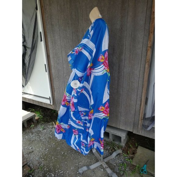NOS Vtg Hawaiian OS Hattie Summer Bold Blue Pink Floral Dress Maxi Muu Muu +Size - Picture 7 of 11